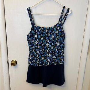 Beach Cabana Floral Print Women's Swimsuit - Blue and Green Size 1X